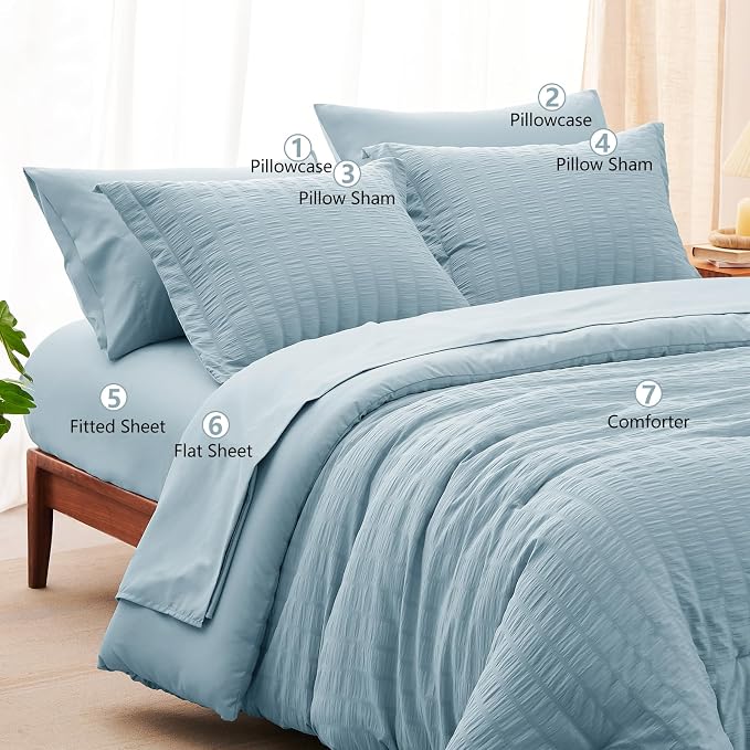 CozyLux Oversized King Comforter Set Light Blue Seersucker 7 Pieces 120x98 Bed - Image 8