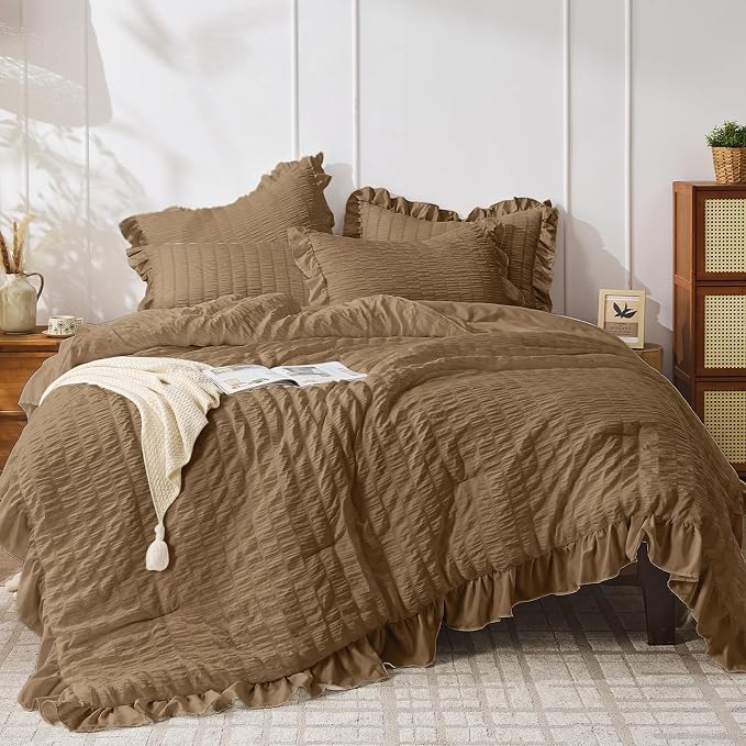 JOLLYVOGUE Twin Size Comforter Set, 2 Pieces Oak Brown Seersucker Lightweight by JOLLYVOGUE