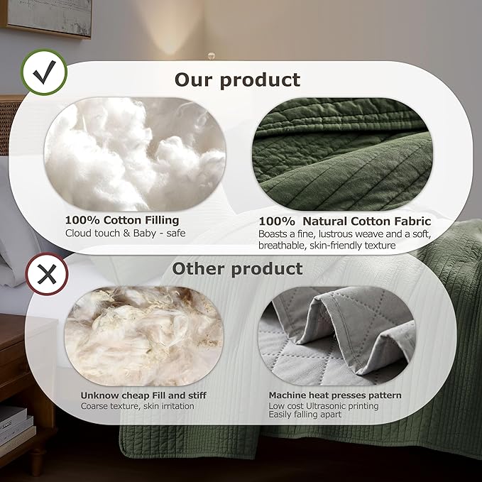 palassio Striped Olive Green 100% Cotton Quilt Queen Size Bedding Sets - Image 7