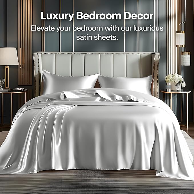 BEDELITE King Size Sheets Set, Luxury Soft Grey Satin Sheets - Image 2
