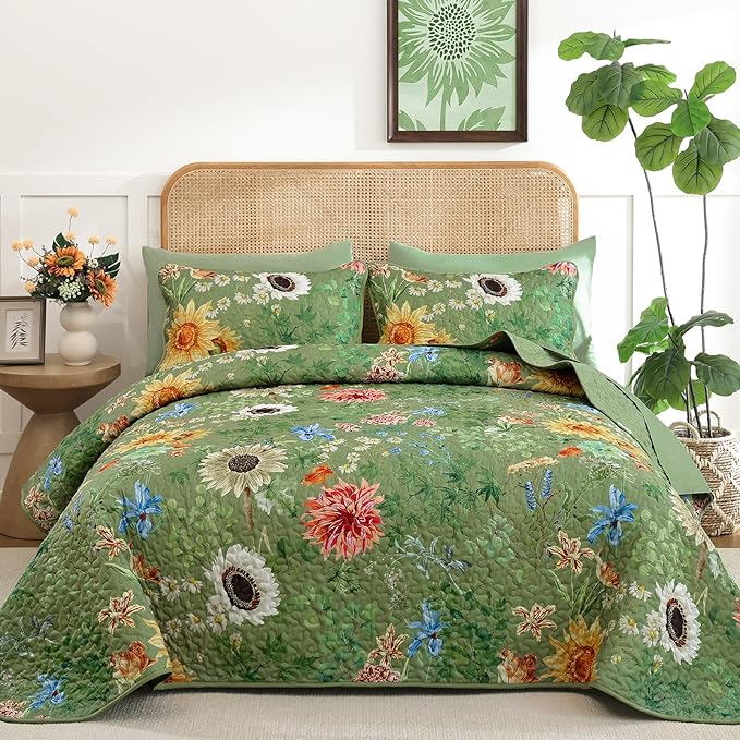 Yiran Floral King Size Quilt, 3 Pieces Botanical Spring Summer Soft Lightweight by Yiran