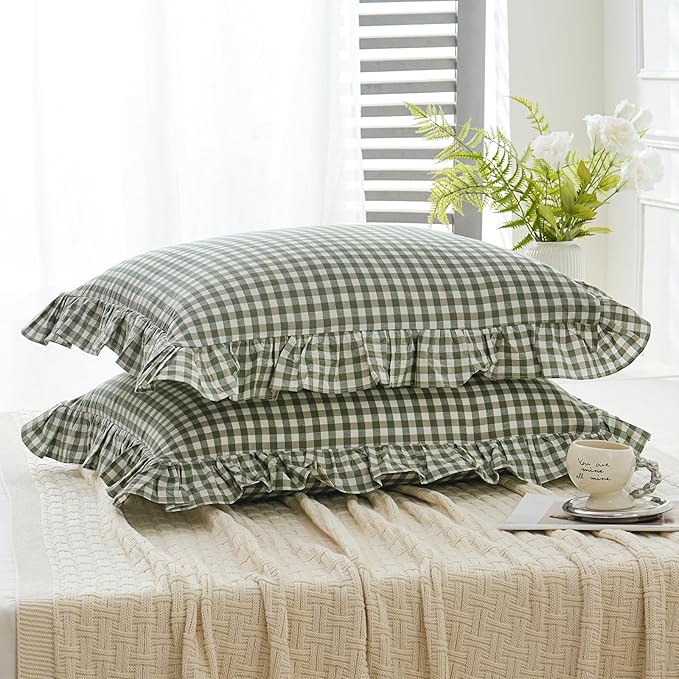 2 Pack Sage Green White Plaid Ruffle Pillow Shams Standard Size 20x26 inches - Image 4
