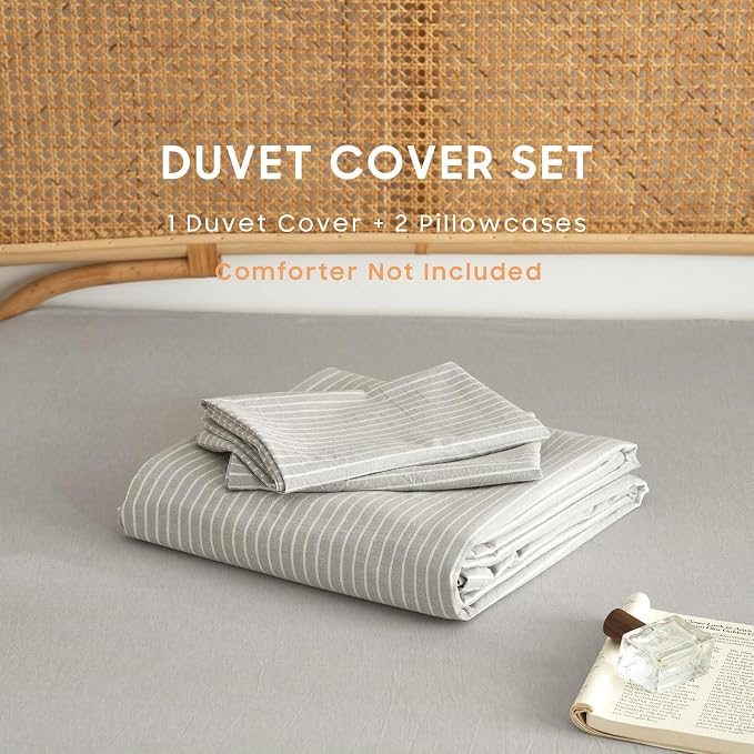 Wake In Cloud - Striped Cotton Duvet Cover Set, 100% Washed Cotton Textured - Image 2