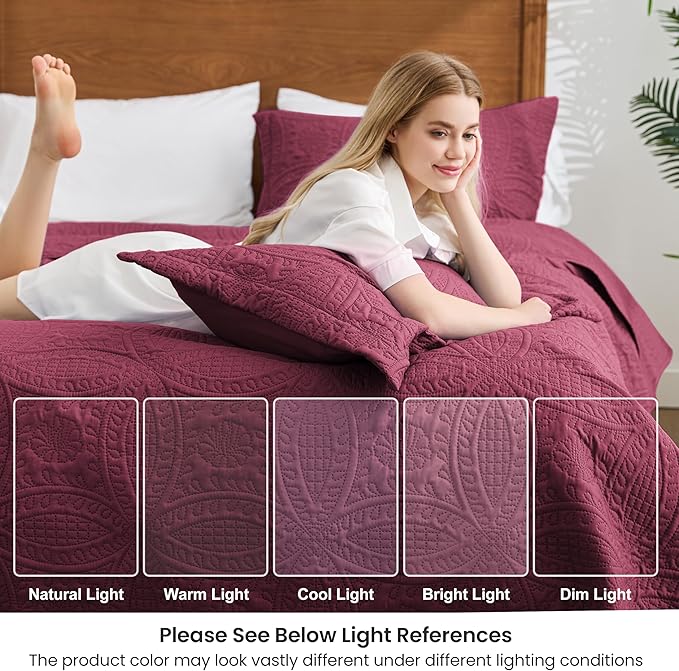 Love's cabin King Size Quilt Bedding Set Burgundy Bedspreads - Image 6