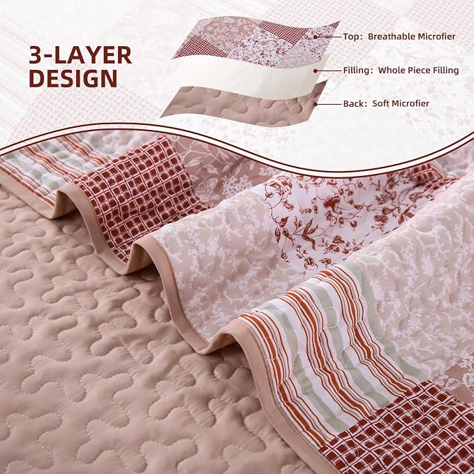 Mybedsoul Patchwork Quilt Set King Size, 3 Pieces Pink Floral Plaid Bedspread - Image 6
