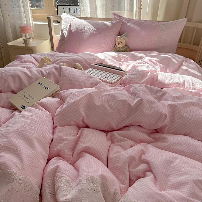 mixinni Pink Gingham Duvet Cover Queen Size - Image 2