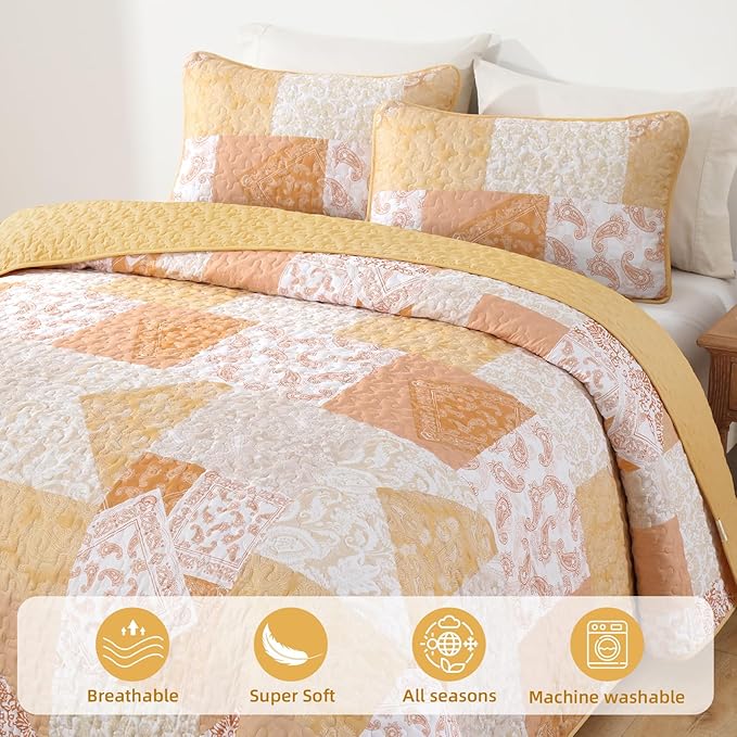 Mybedsoul Yellow Patchwork Quilt King Size, Soft Paisley Floral King Bedspreads - Image 3