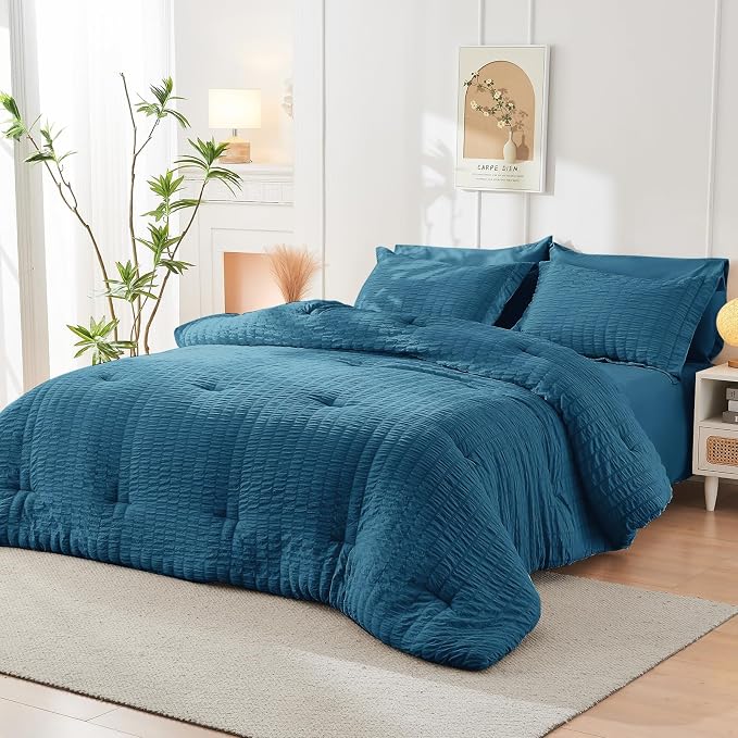 HYMOKEGE Teal California King Comforter Set Seersucker 7 Pieces, All Season - Image 8