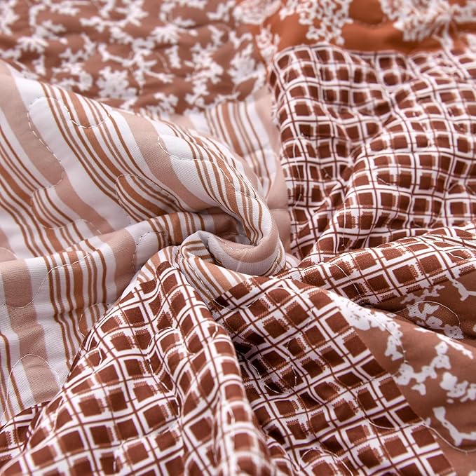 Mybedsoul Burnt Orange Quilt Set King Size, 3 Pieces Boho Plaid Terracotta - Image 7