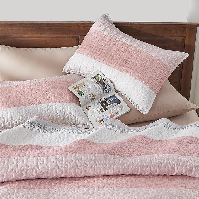 Andency Pink Quilt Cal King, 3 Pieces Patchwork Striped Bedspread Coverlet Set - Image 3