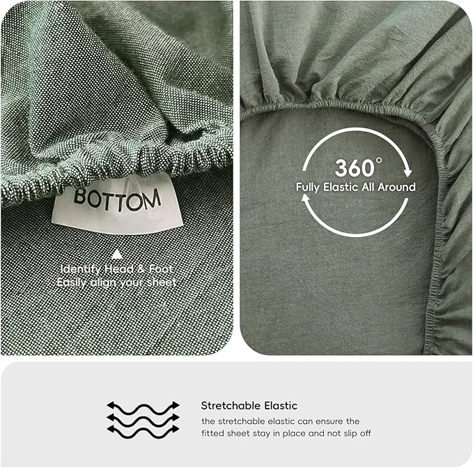 MooMee Fitted Bottom Sheet Only 100% Washed Cotton Linen Like Textured - Image 3