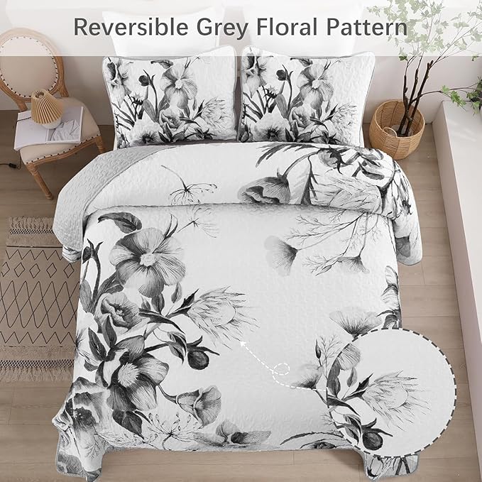 Floral Quilt Set California King 3 Pieces Grey Floral Quilt Coverlet Set Soft - Image 3