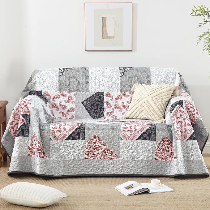 Mybedsoul Grey Red Patchwork Queen Size Quilt, Soft Paisley Floral Bedspreads - Image 7