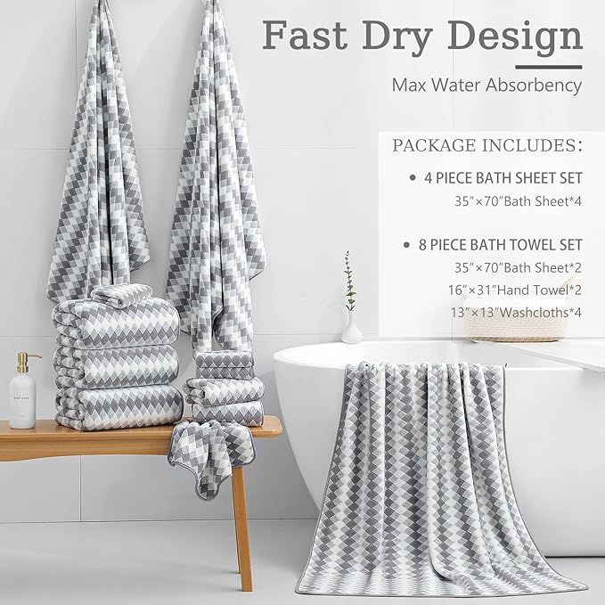 8 Piece Bathroom Towel Set Gray |2 Oversized Large Bath Towels Sheet, 2 Hand - Image 3