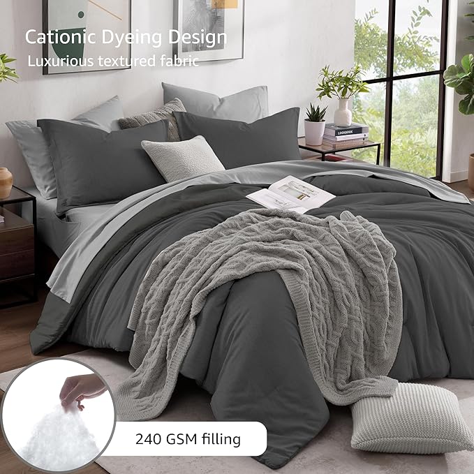 Monbix King Size Comforter Set, Dark Grey King Size Bed Set Reversible 7 Pieces - Image 3