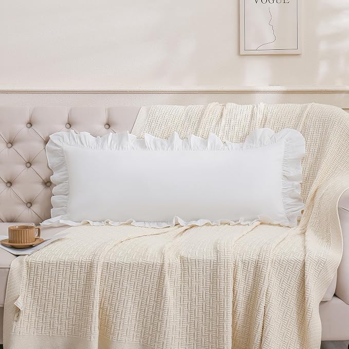 14x36 inches Off White Ruffled Lumbar Pillow Cover 1 Piece, Pure Washed Cotton - Image 5