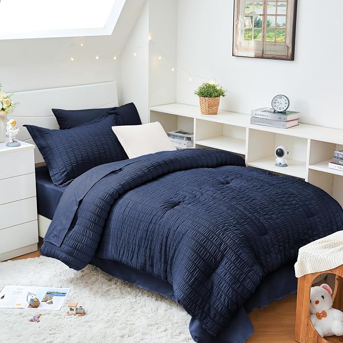 HYMOKEGE Navy Blue Twin XL Comforter Set Seersucker 5 Pieces, All Season Luxury by HYMOKEGE