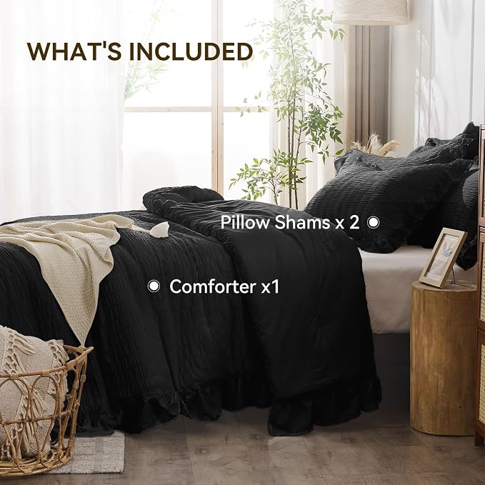 JOLLYVOGUE Black Queen Comforter Set, 3 Pieces Seersucker Comforters Queen Size - Image 6
