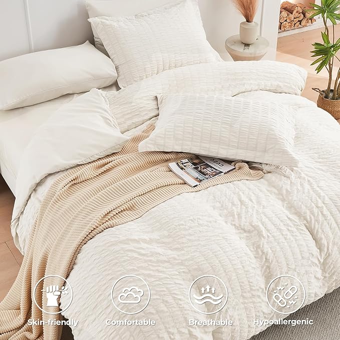 HYMOKEGE Ivory Oversized King Comforter Set Seersucker 7 Pieces, All Season - Image 3