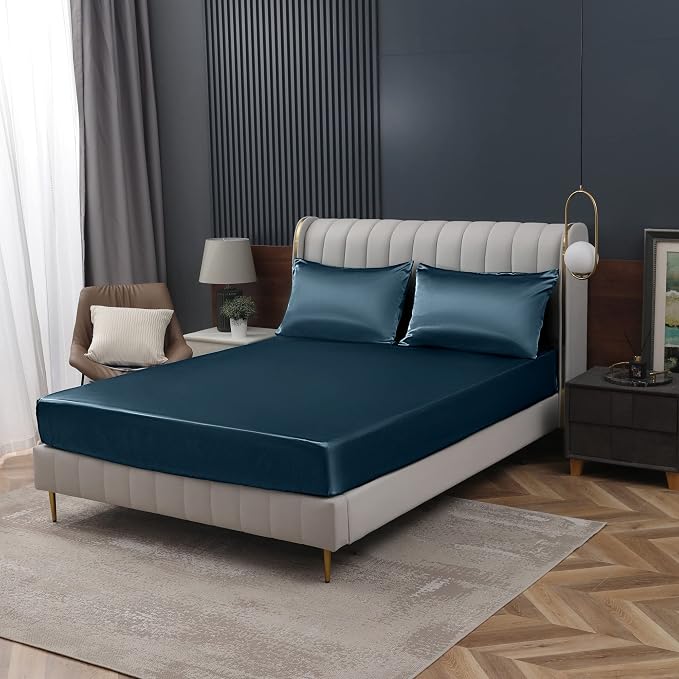 Homiest Deep Sea Blue Satin Fitted Sheet King Size, Deep Pocket, Luxury & Ultra - Image 9