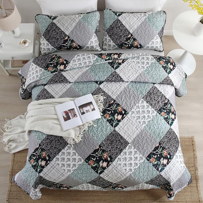 Xruibed Floral Plaid Patchwork Quilt Set Queen Size 3 Pieces Blue Gray - Image 3