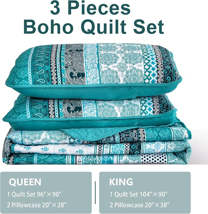 WONGS BEDDING Boho Quilt Set Queen Size, Teal 3 Pieces Bohemian Striped - Image 7