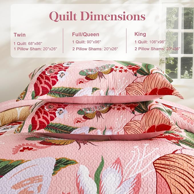 Tyrot 3 Piece Pink Boho Floral Full/Queen Quilt Sets Farmhouse Botanical - Image 6