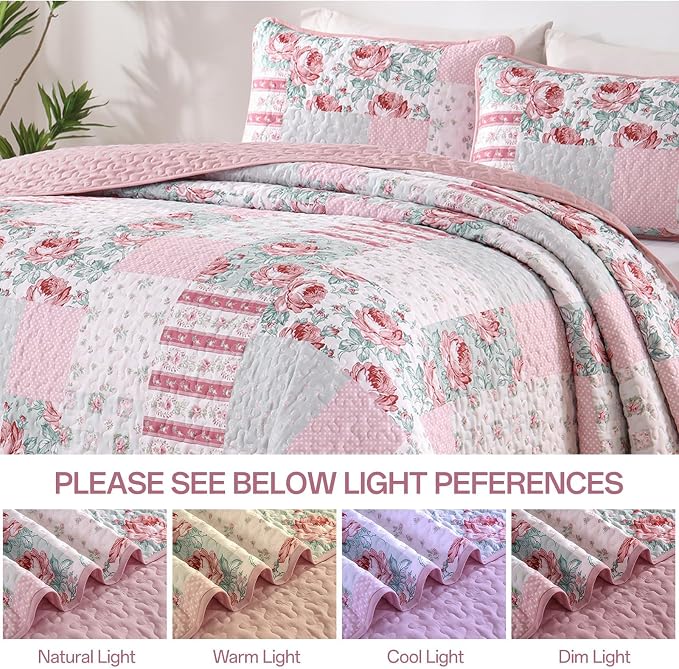 Patchwork Quilt Set Queen Size, 3 Piece Soft Microfiber Reversible Pink Grey - Image 5