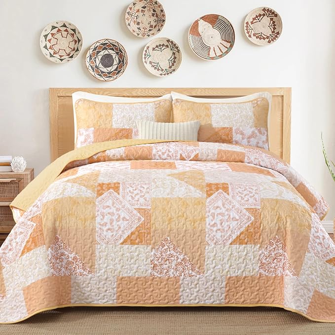 Mybedsoul Yellow Patchwork Quilts Queen Size, Soft Paisley Floral Queen - Image 2