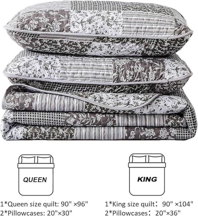 Mybedsoul Grey Boho Quilt Set King Size, 3 Pieces Plaid Floral Bedspread - Image 7