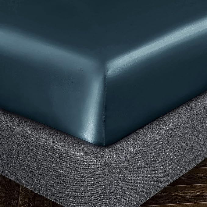 Homiest Deep Sea Blue Satin Fitted Sheet Twin Size, Deep Pocket, Luxury & Ultra - Image 3