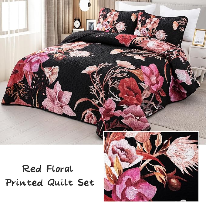 Floral Quilt Set Queen 3 Pieces Red Floral Quilt Coverlet Set Soft Microfiber - Image 2