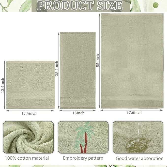 3 Pcs Summer Palm Tree Bathroom Towel Set Farmhouse Embroidered Palm Tree - Image 2