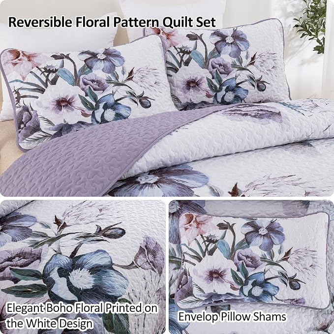3 Pieces Floral Quilt Set Full Purple Flower Pattern Quilt Coverlet Set Soft - Image 7