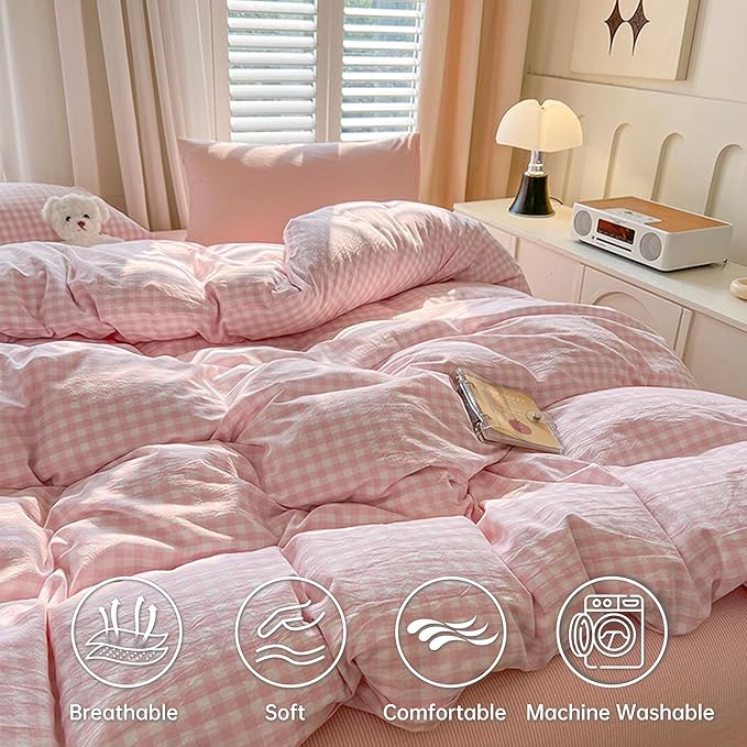 BOLINLIVING Gingham Duvet Cover Queen Size, Microfiber Bedding Set - Image 3