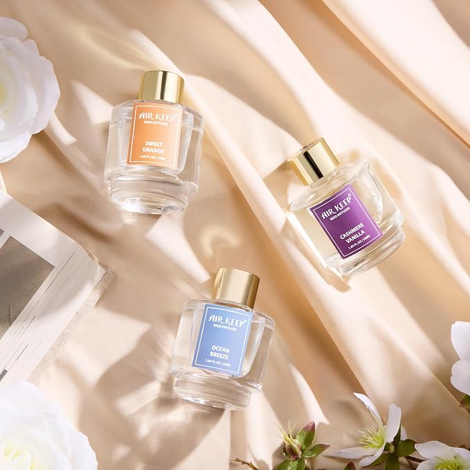 Airkeep Reed Diffuser Set of 3, Ocean Breeze Sweet Orange Cashmere Vanilla Oil - Image 3
