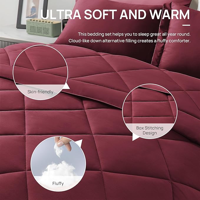 Love's cabin California King Comforter Set Burgundy, 7 Pieces California King - Image 4