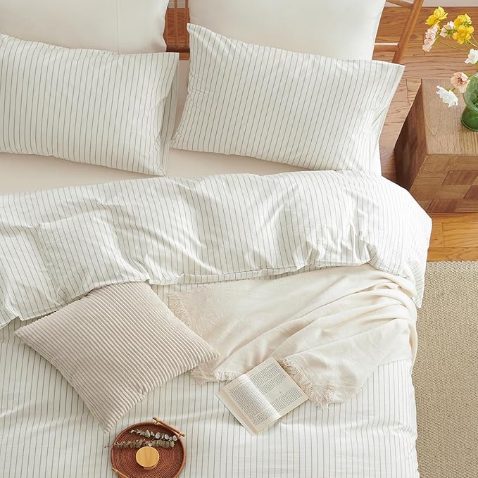 Nayoroom Striped Duvet Cover King Size 100% Washed Cotton White Brown Stripe - Image 4
