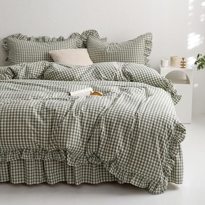 MKXI Sage Green Gingham Duvet Cover Twin, 3-Piece Ruffled Bedding Set - Image 2