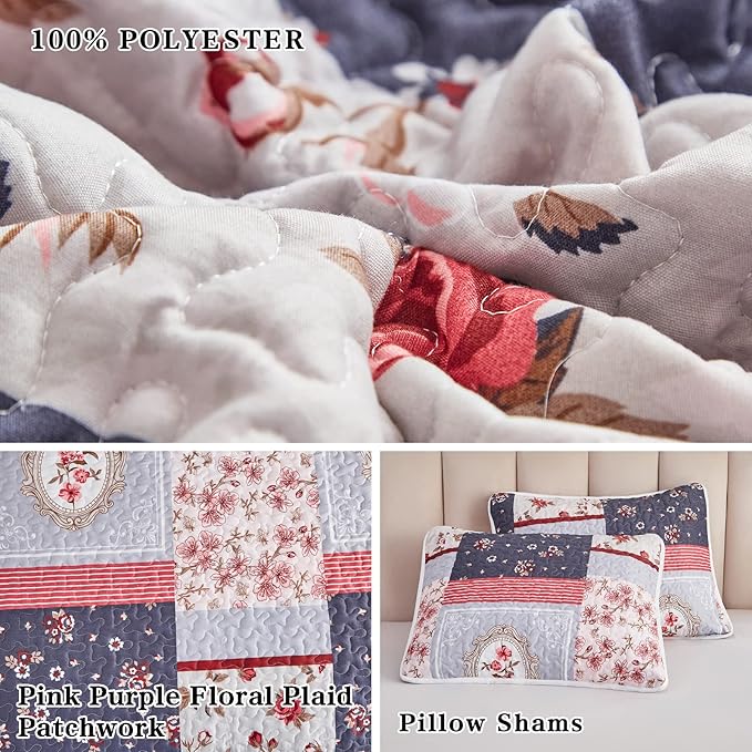 Patchwork Quilt Set King Size, 3 Pieces Pink Purple Floral Plaid Summer - Image 6
