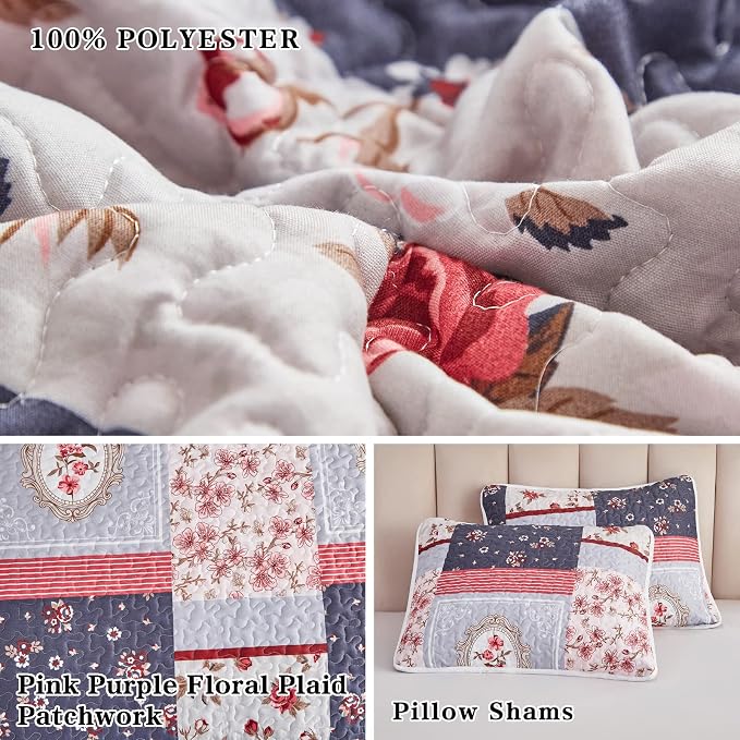 Patchwork Quilt Set Twin Size, 2 Pieces Pink Purple Floral Plaid Design Summer - Image 6