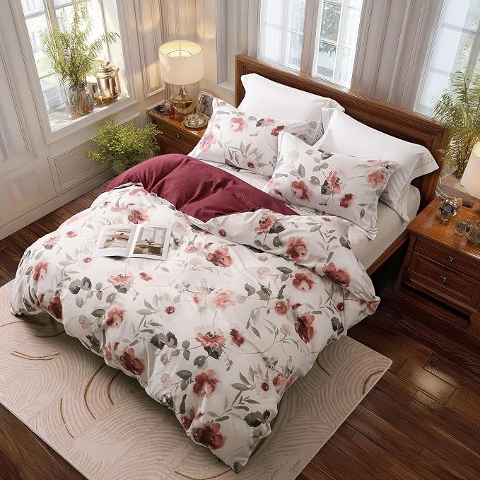 OAITE Duvet Cover King Size, Reversible Blooming Flowers White Duvet Cover Set - Image 3