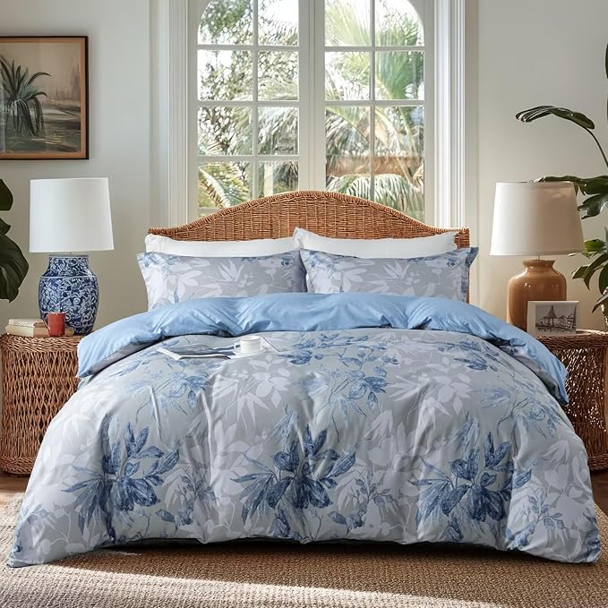 OAITE Duvet Cover King Size, Reversible Flower Blue Duvet Cover Set by OAITE
