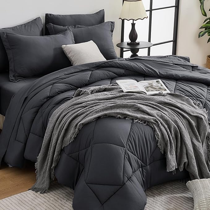 HEVUMYI 120x98 Oversized King Comforter Set Dark Grey- 7-Piece All Season Bed by HEVUMYI