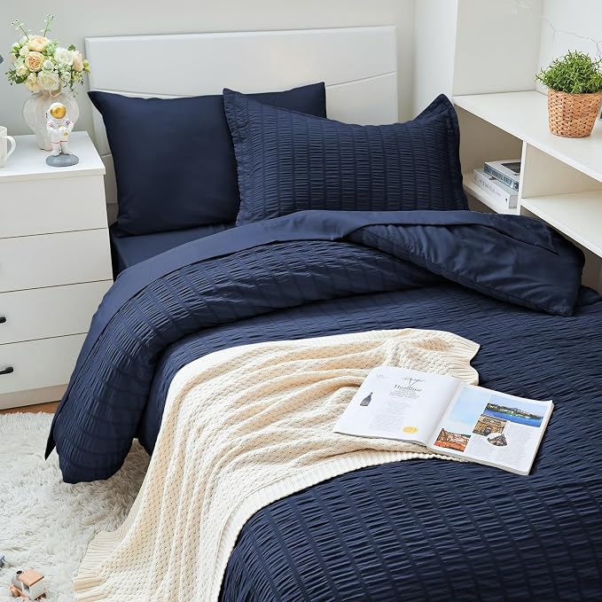 HYMOKEGE Navy Blue Twin XL Comforter Set Seersucker 5 Pieces, All Season Luxury - Image 2