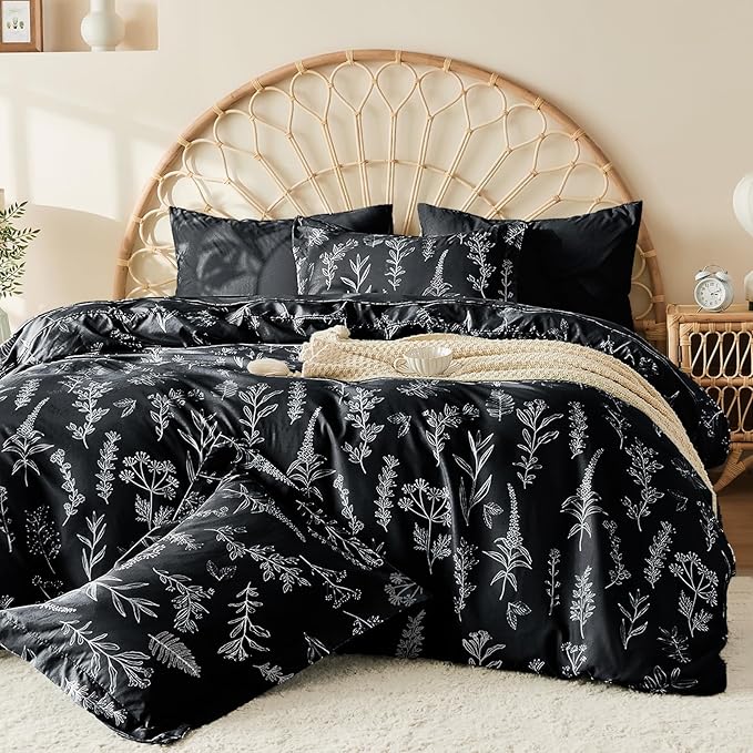MUXHOMO Duvet Cover Queen Size, Reversible Floral Black Duvet Cover Set by MUXHOMO