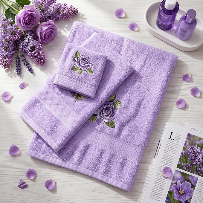 3 Pcs Rustic Purple Roses Bathroom Towel Set Farmhouse Embroidered Purple Roses - Image 6