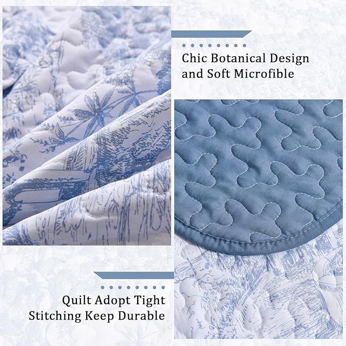 WONGS BEDDING Blue Quilt Set Queen Size, 3 Pieces Botanical Bedspreads Set - Image 5