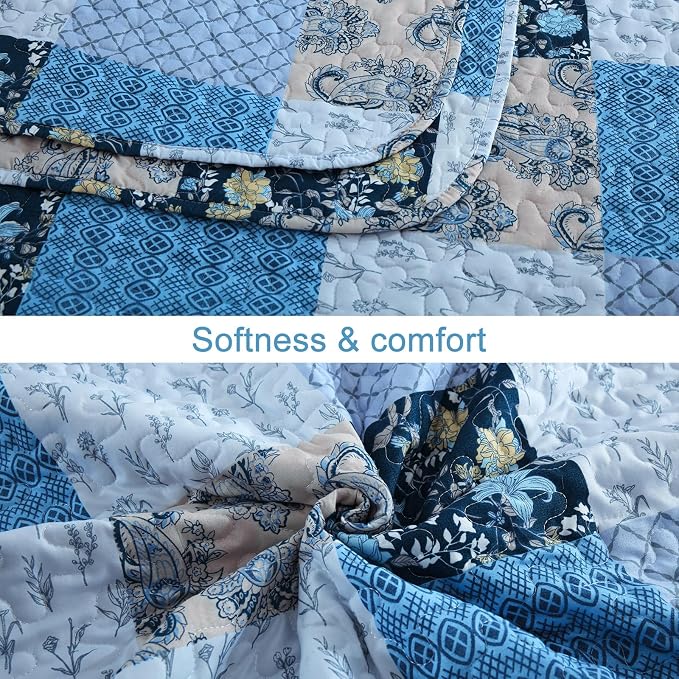 Xruibed Blue Quilt Set King Size 3 Pieces Plaid Floral Boho Bedspread Coverlet - Image 7