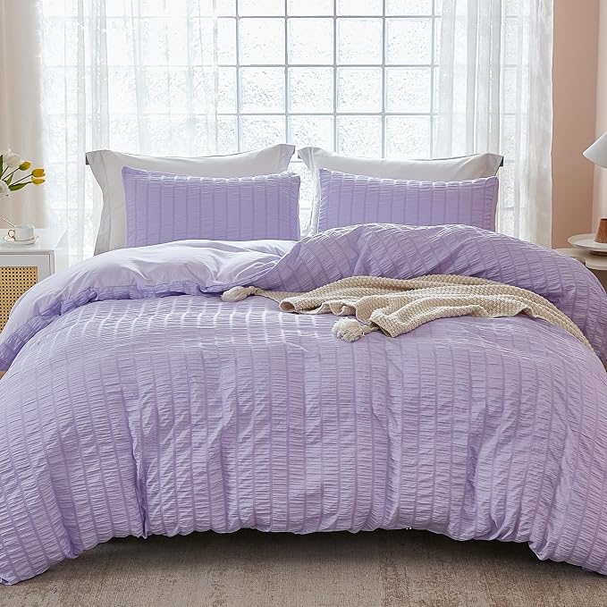 AveLom Lavender Purple Seersucker Duvet Cover Set Full, 3 Pieces, Ultra Soft by AveLom